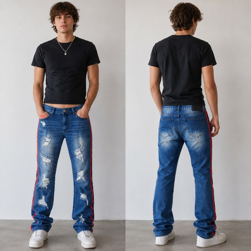 Reason Mens Distressed Jeans Size 30 Blue Denim Red Side Stripe Streetwear Moto